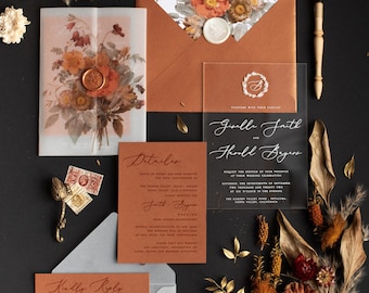 Copper Acrylic Wedding Invitation, Terracotta Wedding Invitation, Autumn fall Wedding, Glam Wedding Cards, elegant plexi glass invites