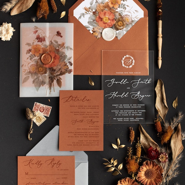 Copper Acrylic Wedding Invitation, Terracotta Wedding Invitation, Autumn fall Wedding, Glam Wedding Cards, elegant plexi glass invites