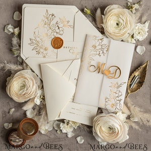 Minimalistic Gold Wedding Invitations Luxury Golden Wedd Invites Vellum wrapping Modern Elegant Ivory Suite Wedding Cards Set