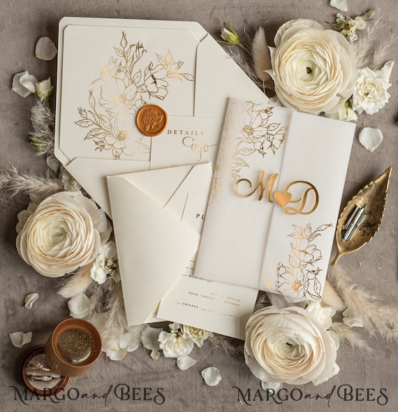 Romantic and luxury gold foil acrylic wedding invitations with leafy  pattern WS249