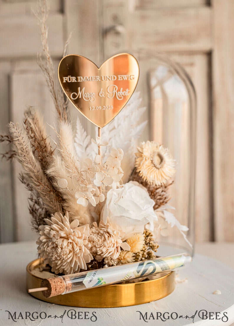 XXL Geschenkschachtel für Geld Geldgeschenk zur Hochzeit mit Strauß aus Trockenblumen personalisiert Reagenzglas für Geld gift box for money