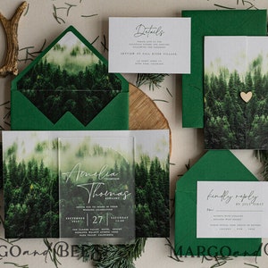 Forest Acrylic Wedding Invitation Suite, Modern Rustic Wedding Invites, Clear Plexi glass Suite Wedding Cards, Green Wedding Invitations,