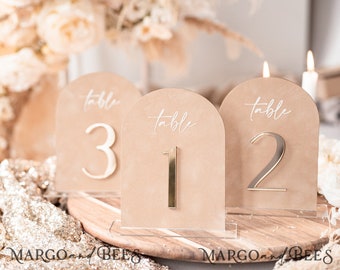 Golden Arch Table Numbers with stand, Beige Velvet and gold Table Sign, Golden Table Numbers, Luxury Wedding Table Decor Centerpieces, BVpx1