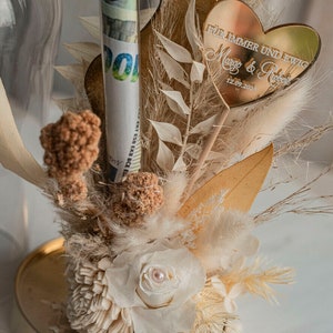 Geschenkschachtel für Geld Geldgeschenk zur Hochzeit mit Strauß aus Trockenblumen personalisiert Geschenk für Brautpaar Reagenzglas für Geld