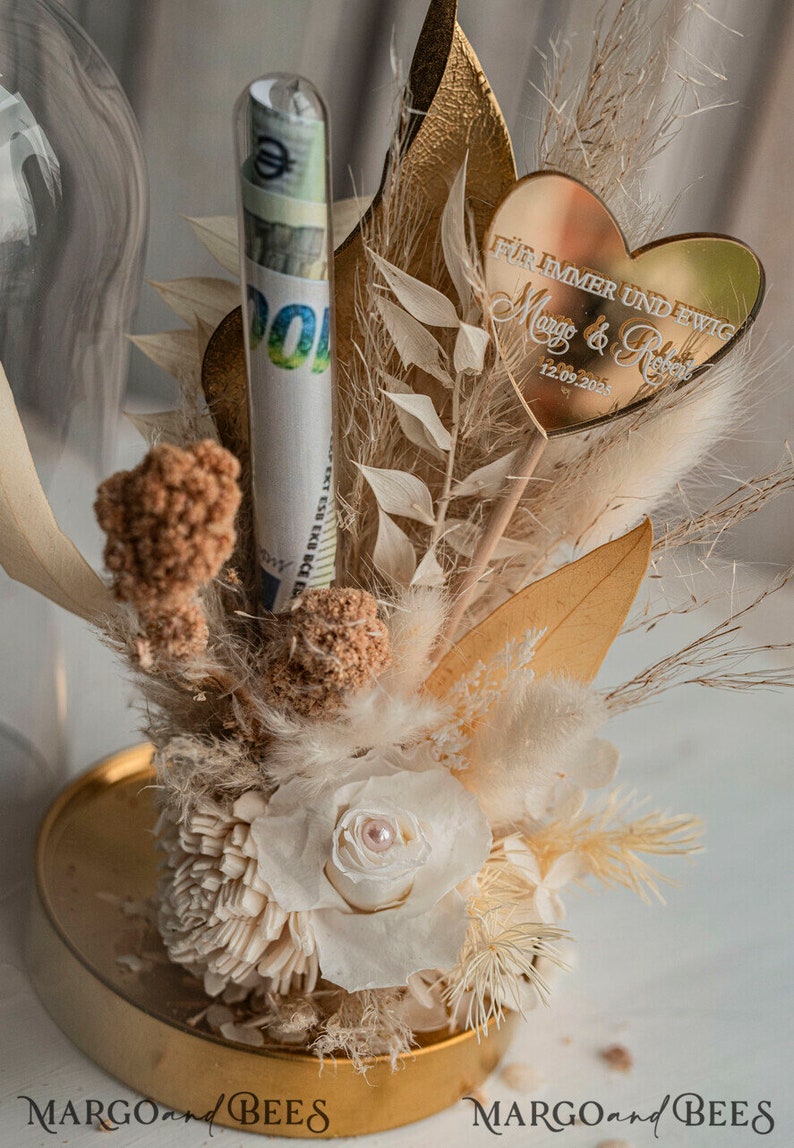 Geschenkschachtel für Geld Geldgeschenk zur Hochzeit mit Strauß aus Trockenblumen personalisiert Geschenk für Brautpaar Reagenzglas für Geld