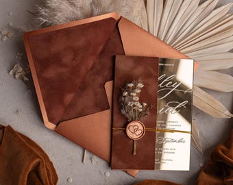 Fall Wedding Invitations Burnt Orange Terracotta – Mirror Gold Acrylic Suite with Velvet Pocket