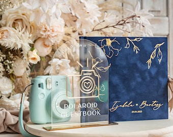 Conjunto de livro de visitas de casamento de veludo Instax azul marinho e placa de plexi, livro de visitas de casamento instantâneo grande azul escuro, livro de visitas de veludo Polaroid azul marinho