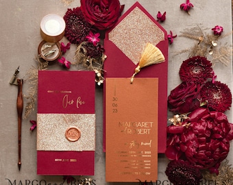 Burgundy Terracotta Wedding Invitations, Luxury Glitter Wedding Invitation Suite, Elegant Gold Maroon Red Wedding Cards Tassel wedding set