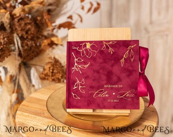 Boho Burgundy Instax velvet Wedding GuestBook Gold,Large Instant Wedding Guest Book, Maroon velvet Guestbook Marsala Golden wedding, xBur