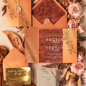 Gold Acrylic Wedding Invitations, Luxury Terracotta Wedding Invites Velvet, Elegant Acrylic Suite velvet Wedding Cards, Golden Stationery