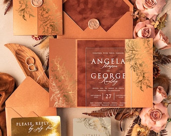 Gold Acrylic Wedding Invitations, Luxury Terracotta Wedding Invites Velvet, Elegant Acrylic Suite velvet Wedding Cards, Golden Stationery