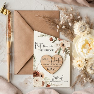Carte "retenez cette date" pour mariage et aimant coeur, ivoire rose poudré, aimants "retenez nos dates", cartes "retenez nos dates" bohèmes, aimants en bois cartes