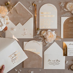 Custom Wedding invitations velvet beige pocket, Elegant Arch Wedding Invitations, Gold Wedding Invitation Suite,  Luxury wedding Cards