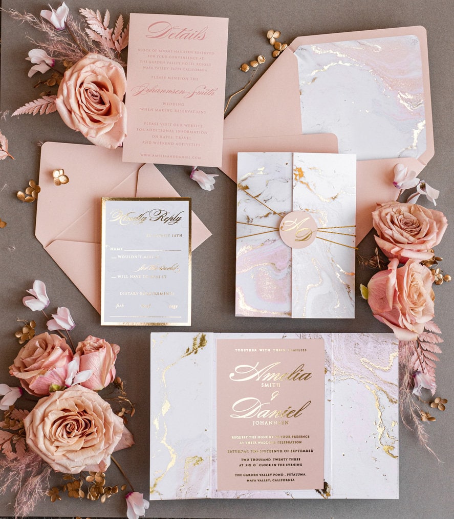 Marble Gold wedding invitations card Set, Glamour Blush Pink Velvet Wedding Invitation Suite, Golden Marble Wedding Stationery, Marble Cards