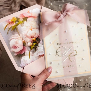 Blush Pink Chiffon bow beaded bespoke Elegant Gold Wedding Invitation Suite, White Pearls Golden Wedding Cards Vellum etui monogram Peonies