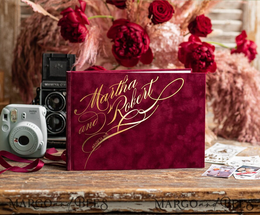 Maroon Gold Acrylic Wedding Guest Book Personalised and sign set, Velvet  Garden Burgundy Instant Photo Book Boho Elegant Marsala Instax Wedding  Photo Guestbook