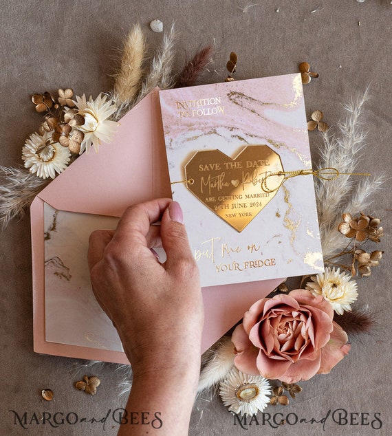 Personalised Gold Acrylic Heart Save the Date Magnet and Card, blush Pink  Wedding Save The Dates Plexi Magnets, Wedding Boho Save The Date Cards