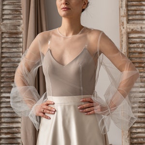 Wedding bolero long sleeve, Bridal CoverUP puff Sleeve, Wedding gown Topper, Bridal Bishop sleeve Shrug, Tulle Bridal Blouse, Bridal Capelet