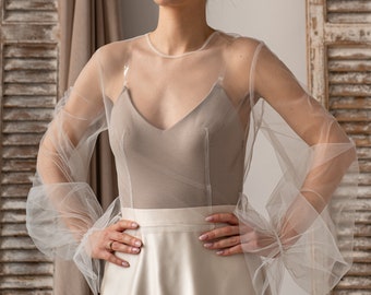 Boléro de mariage à manches longues, manches bouffantes CoverUP de mariée, haut de forme pour robe de mariée, haussement d'épaules de mariée Bishop, chemisier de mariée en tulle, cape de mariée