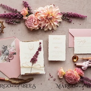Fine Art Ivory Gold Wedding Invitation, Real heather Floral Wedding Invitation, French Provence Invitation suite