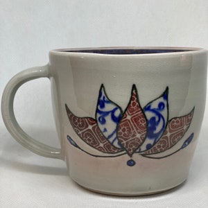 Handmade Ceramic Lotus Flower Mug – Red & Blue Detail, Large 18 oz