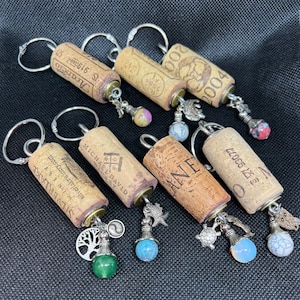 Handmade Wine Cork Keychain with Charms & Colored Stone - Unique Wine Lover Gift!
