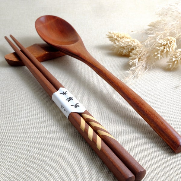 Rosenholz - Holzbesteckset Löffel Essstäbchen mit Gravur Ablage EST2Set