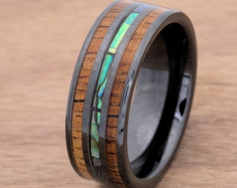 Ceramic Ring with Koa Wood and Abalone Inlay in 8mm width