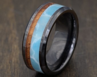 Hawaiian Koa Wood Ring | Ceramic  Wedding Band | Larimar Stone Band |  Mens Wedding Ring | 8mm Wedding  Band | Wooden Wedding Ring