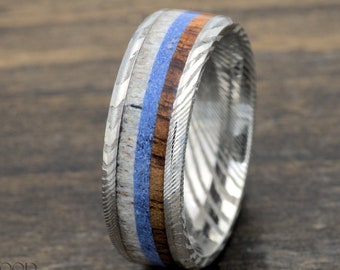 Handcrafted Damascus Steel Ring with Koa Wood, Lapis Lazuli, and Deer Antler Inlay