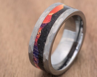 8mm Hammered Tungsten Mountain Ring, Burl Wood with Obsidian Range Inlay