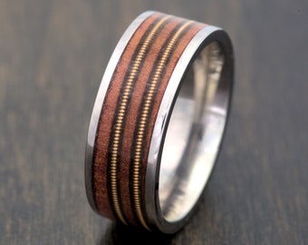 Handcrafted Red Cedar & Guitar String Ring - Titanium Band - Unique Musician Inspired Wedding Band