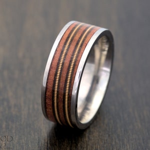 Handcrafted Red Cedar & Guitar String Ring - Titanium Band - Unique Musician Inspired Wedding Band