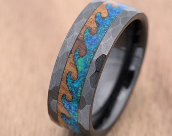 Hawaiian Koa Wood and Opal Wave Ring, Black Ceramic with Faceted Hammered Finish, 8mm