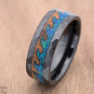 Hawaiian Koa Wood and Opal Wave Ring, Black Ceramic with Faceted Hammered Finish, 8mm