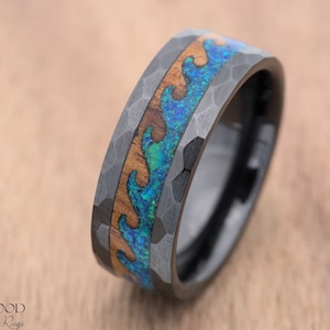 Hawaiian Koa Wood and Opal Wave Ring, Black Ceramic with Faceted Hammered Finish, 8mm