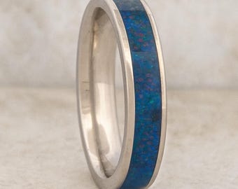 Titanium Ring with Dark Blue Opal Inlay • 4 mm Thin Band