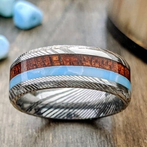 8mm Damascus Steel Ring with Hawaiian Koa Wood and Larimar Stone