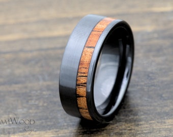 8mm Black Ceramic Ring with Koa Wood, Satin Finish