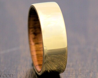 14k Gold Wedding Band with Koa Wood Inlay, Elegant 8mm Handcrafted Ring