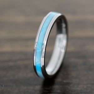 Stenen Larimar-ring | Wolfraam trouwring | Larimarband | Sierlijke trouwring | 4 mm trouwring | Ring van wolfraamcarbide