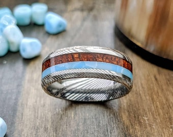 Hawaiian Koa wood - Larimar stone - Damascus steel - 8mm ring