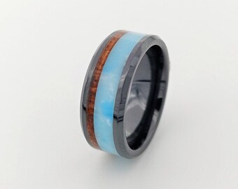 Black Ring - Hawaiian koa wood - Larimar stone - Black Ceramic band - 8mm or 6mm