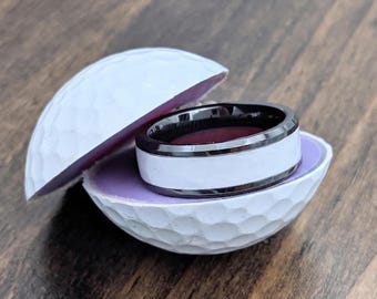 Golf Ball Ring | Black Ceramic Band with Real Golf Ball Inlay | Handmade Golfer Gift for Men | Unique Wedding Band