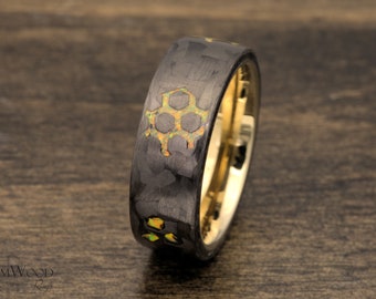 Tungsten Ring with Carbon Fiber and Gold Opal, Honeycomb Scattered Design
