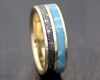 14k Gold Ring with Meteorite and Larimar Inlay – Unique Handmade Jewelry