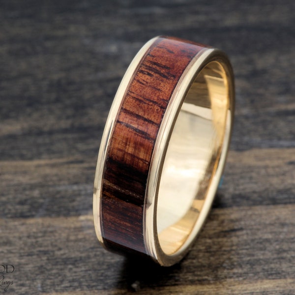 14k Gold Wedding Band with Koa Wood Inlay, Elegant 6mm Handcrafted Ring