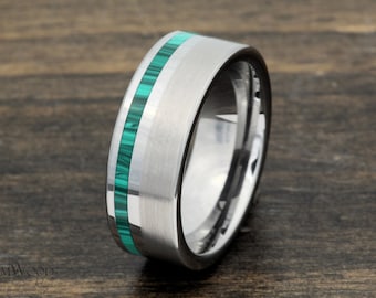 Tungsten Wedding Band: Malachite Stone Inlay, 8mm Men's Ring