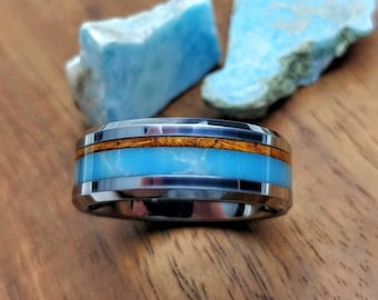 Hawaiian koa wood - Larimar stone - tungsten band - 8mm