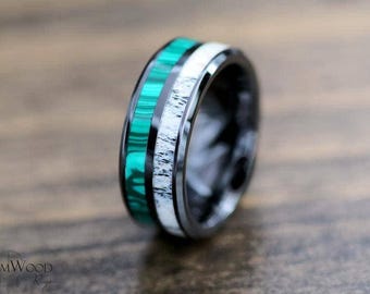 Malachite and Antler Ring - Black Ceramic band - 8mm